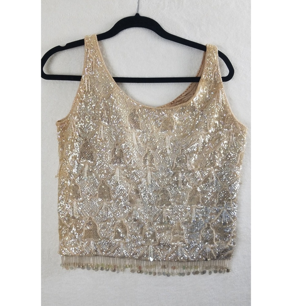 Beaded Fringe Tank Top Mal Jacobs Sequin Gold Metallic Glam Party Evening M Vntg